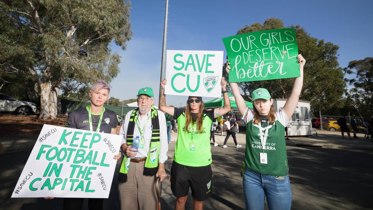 Sue Read, far left, with other Canberra United fans. Picture by Sitthixay Ditthavong