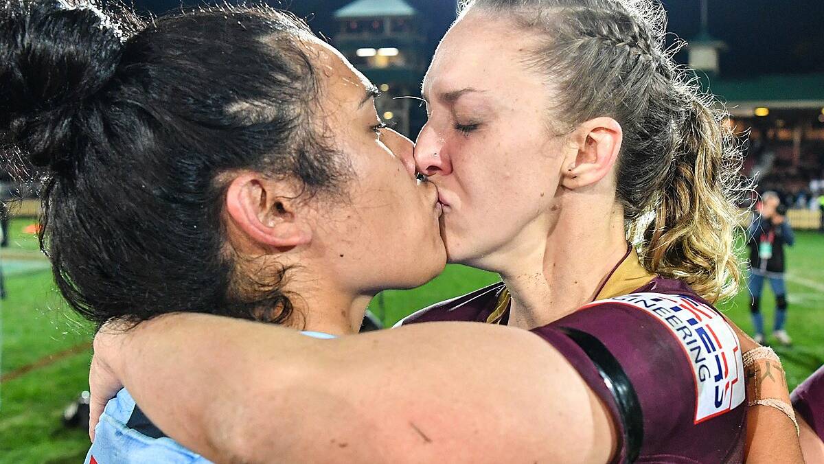 Karina Brown and Vanessa Foliaki embrace after the 2018 Women's Origin series. Picture by NRL Media