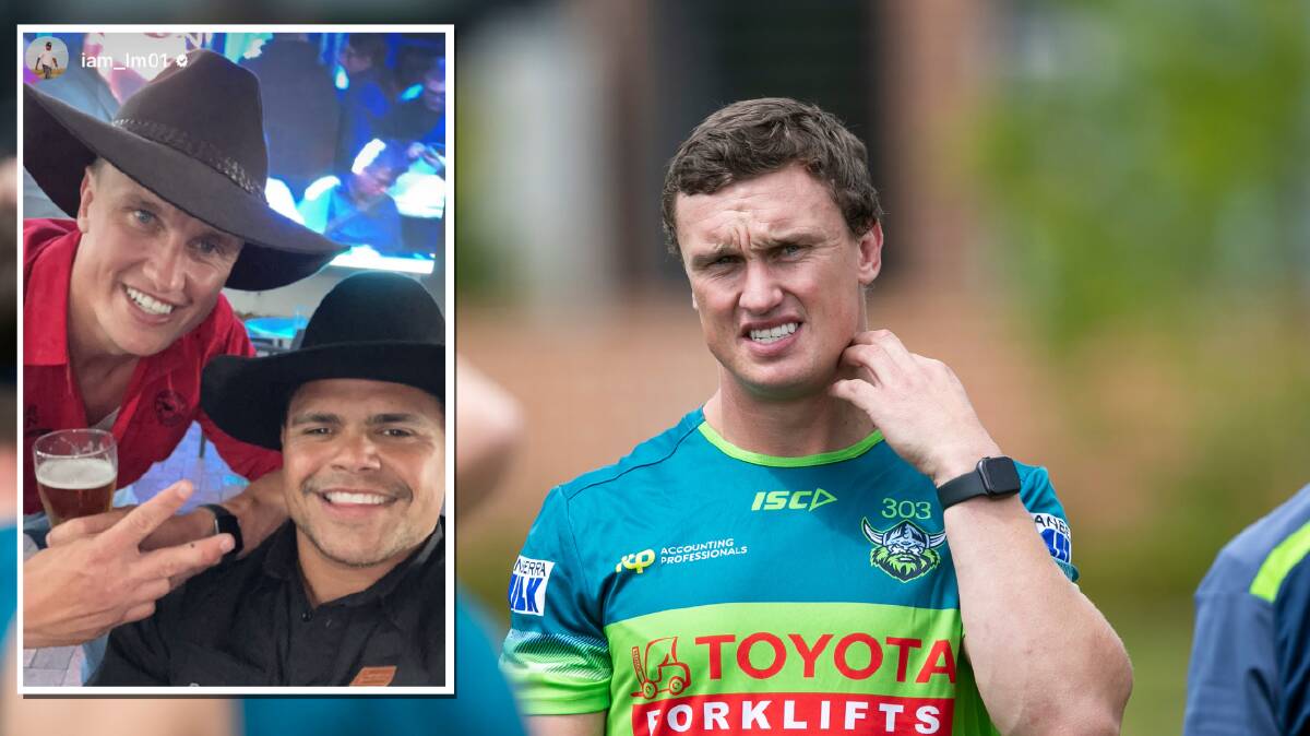Jack Wighton is a star half at the Raiders and, inset, with Latrell Mitchell during the birthday celebrations. Pictures by Keegan Carroll, Instagram