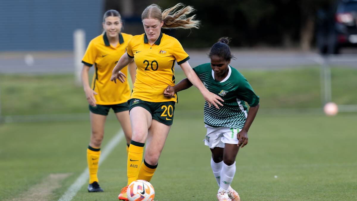 Meg Roden in action in the Pacific Women's Four Nations. Picture Football Australia
