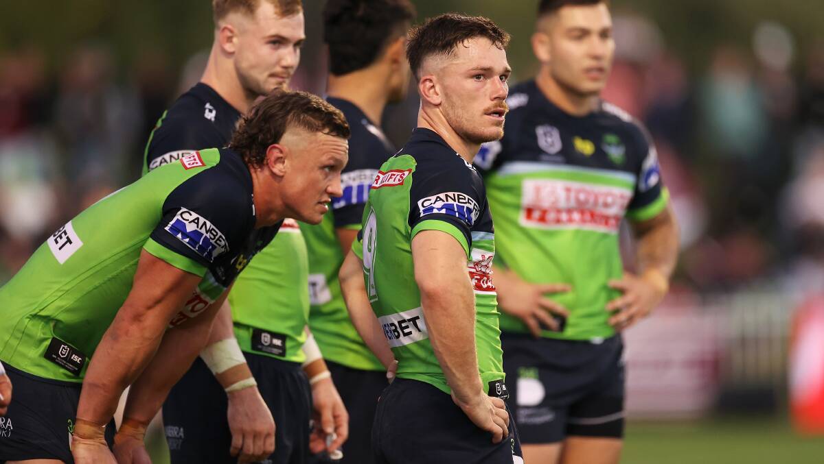 Tom Starling and the Raiders look dejected after a Manly try. Picture: Getty Images