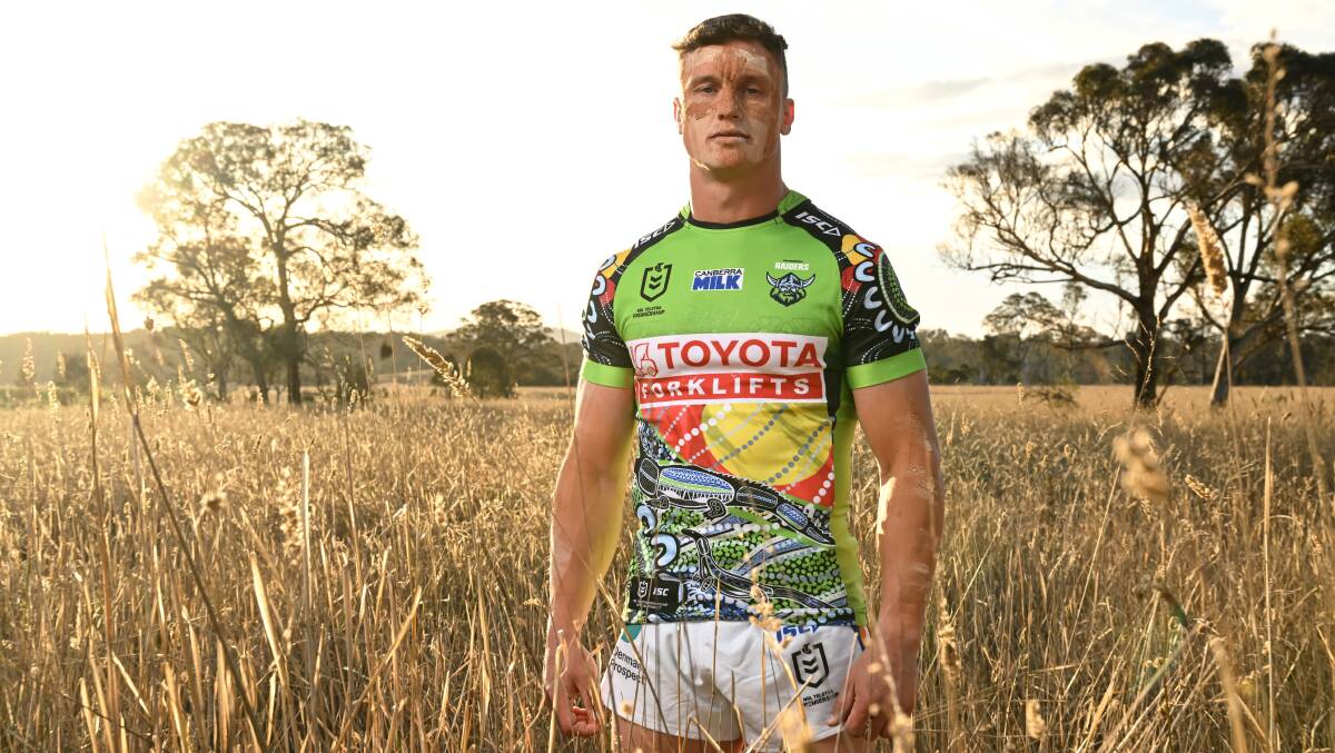Jack Wighton in the NRL Indigenous Round Raiders jersey. Picture NRL Photos