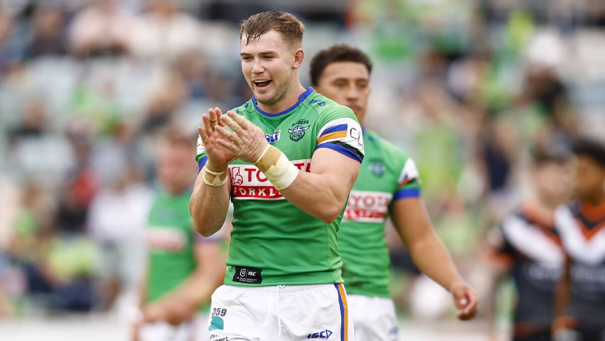 Canberra Raiders' Hudson Young celebrates another win. Picture by Keegan Carroll