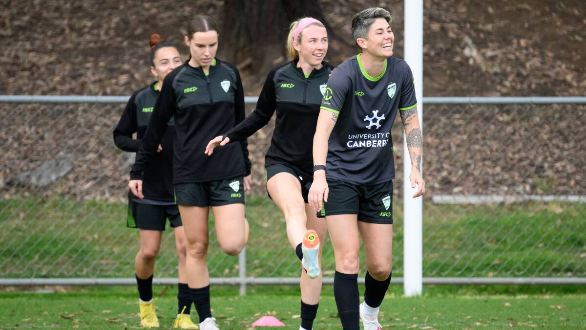 Canberra United players at training Maria Rojas, Alex McKenzie, Cannon Clough, and Michelle Heyman. Picture by Sitthixay Ditthavong