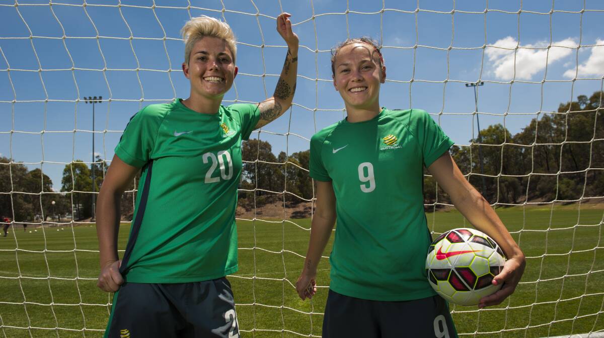 Michelle Heyman with a young Caitlin Foord in the Matildas squad in 2015. Picture by Elesa Kurtz