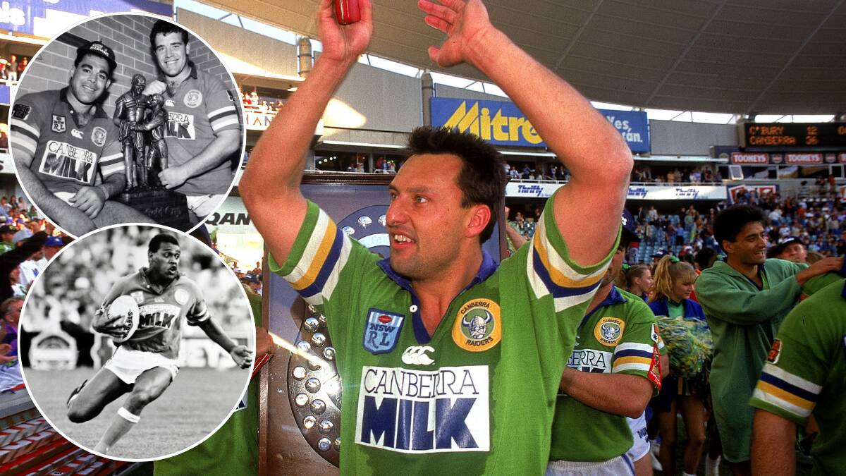 Laurie Daley in 1994, and inset, Mal Meninga and Paul Osborne, and Ken Nagas. Pictures Getty Images, ACM