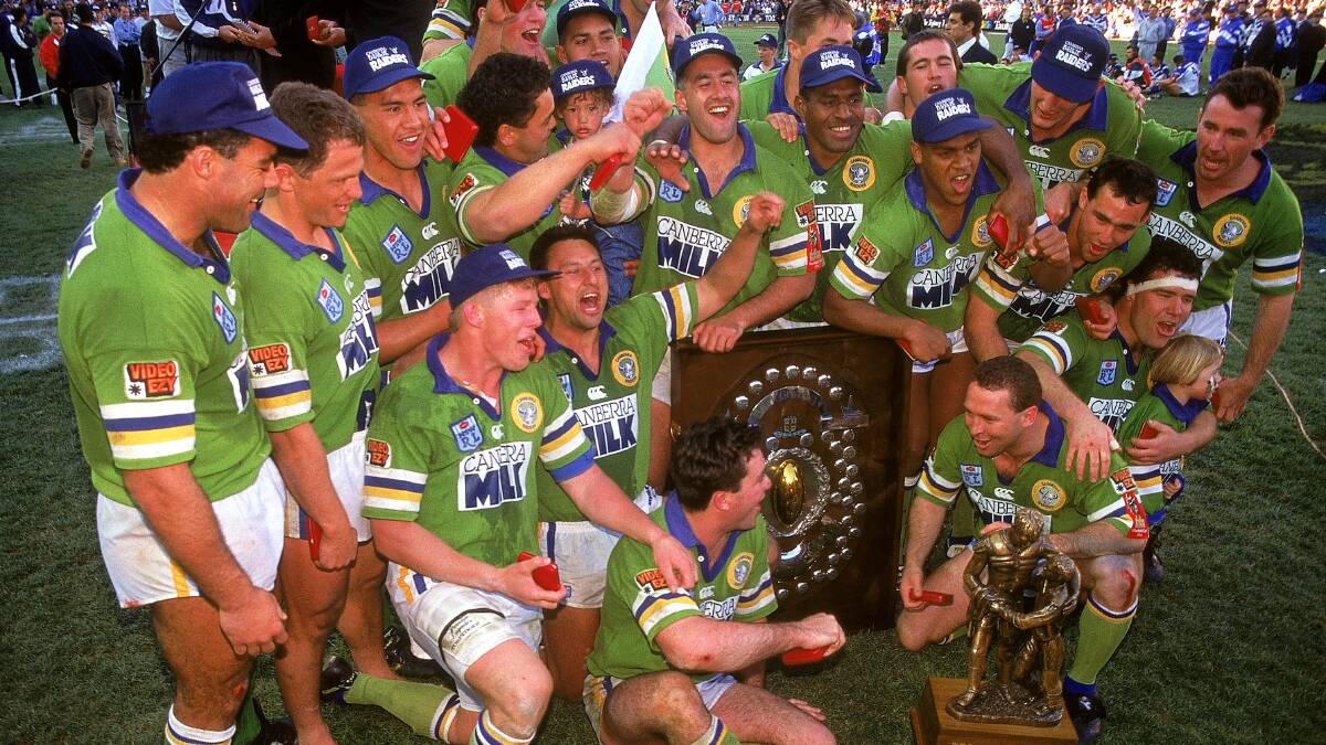 The 1994 Canberra Raiders celebrate their grand final win. Picture Getty Images