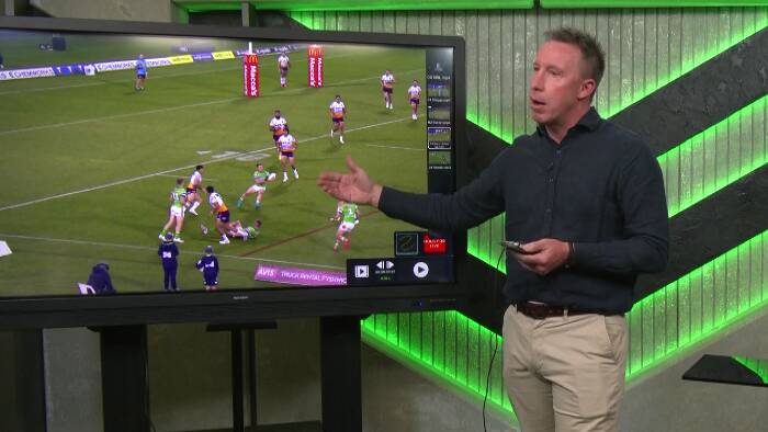 NRL boss of elite officiating Jared Maxwell explaining the Hudson Young escort penalty. Picture NRL