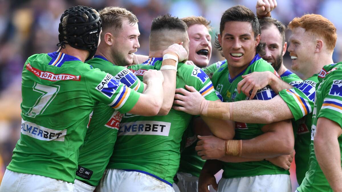 The Raiders celebrate Corey Harawira-Naera's try. Picture: AAP