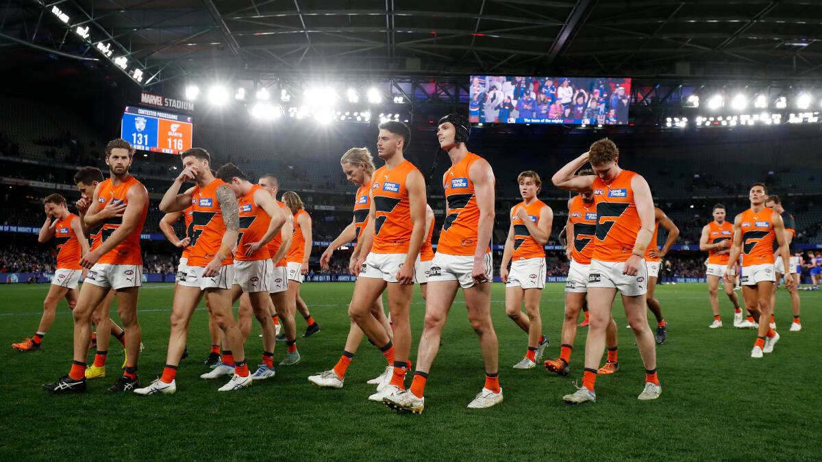 The Giants look deflated after a narrow loss to the Bulldogs last week. Picture: Getty Images