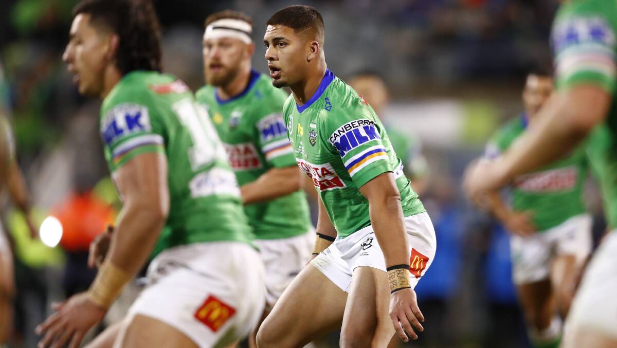 Canberra Raiders' Trey Mooney made his NRL debut against the Roosters. Picture: Keegan Carroll