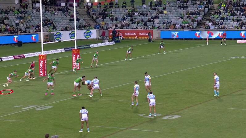 Chevy Stewart (red circle) is shown by the NRL to have been offside when attempting his pivotal charge-down of Kieran Foran's field goal. Picture NRL