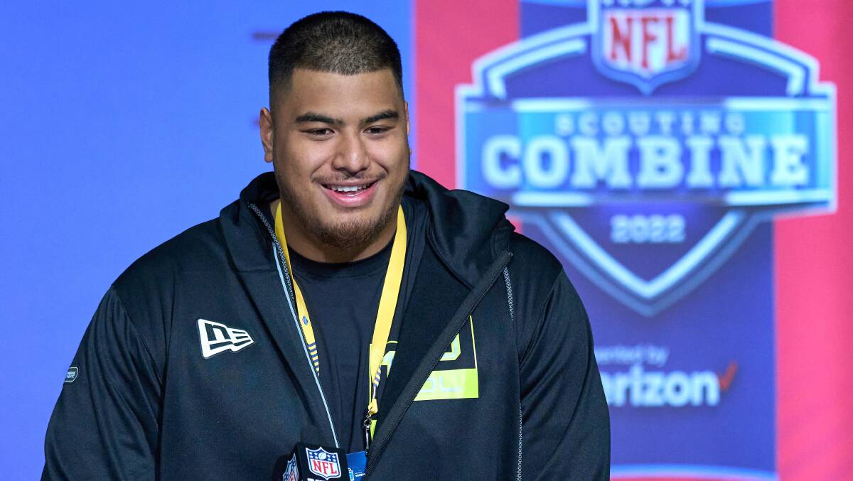 Australian offensive lineman Daniel Faalele at the NFL Scouting Combine. Picture: Getty Images