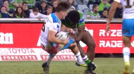 Semi Valemei nails AJ Brimson with a bone-crunching tackle. Picture: NRL