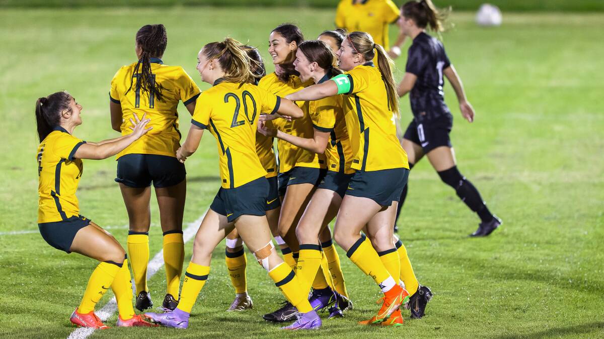The Young Matildas celebrate Jynaya Dos Santos' opening goal. Picture: Sitthixay Ditthavong