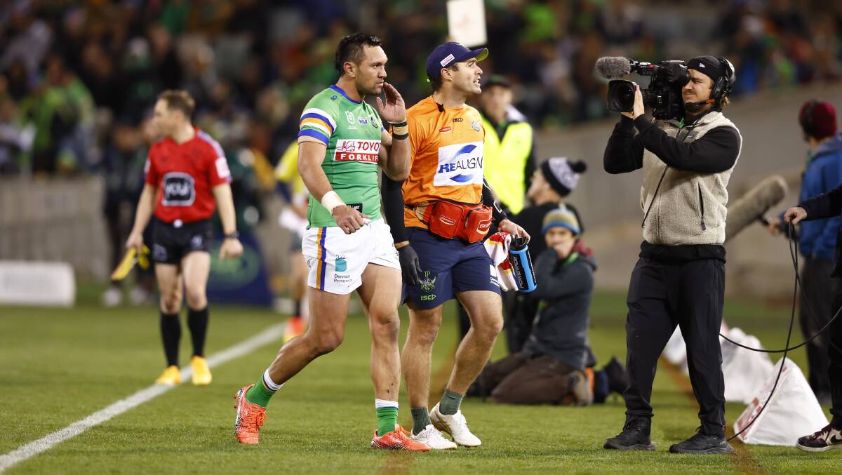 Canberra Raiders star Jordan Rapana leaves the field after getting hit high. Picture by Keegan Carroll