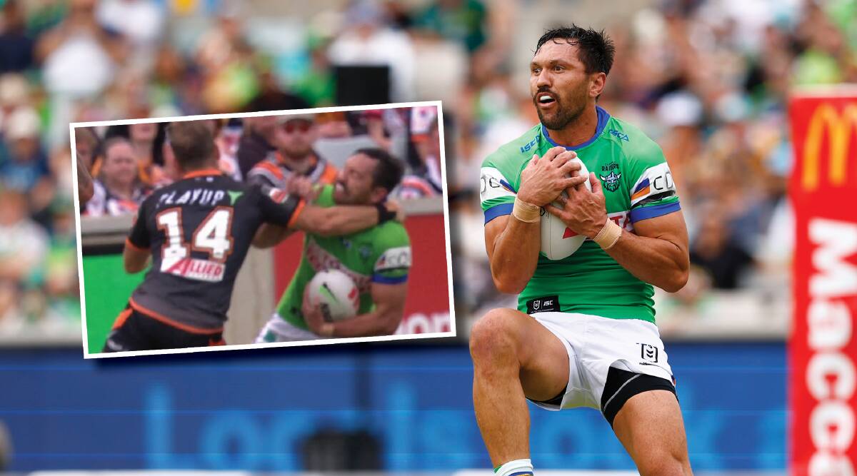 Jordan Rapana was hit high against the Tigers. Pictures by Keegan Carroll/Fox Sports