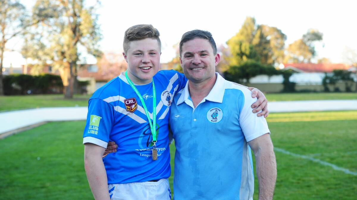 File photo from 2014 of then-Queanbeyan Blues coach Simon Woolford his son Zac after winning the first-grade grand final. Picture: Melissa Adams.