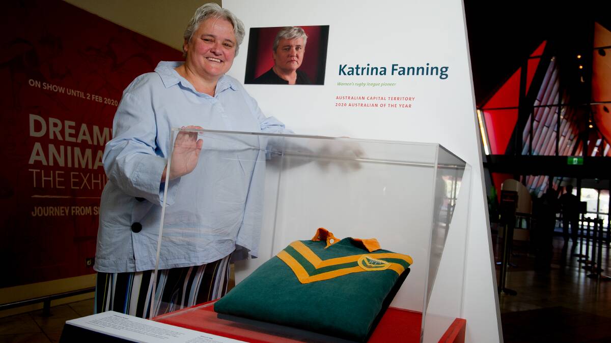 Women's rugby league trailblazer Katrina Fanning with her first rugby league Test jersey. Picture: Elesa Kurtz
