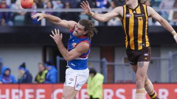Josh Bruce (left) with the Western Bulldogs. Picture by Rod Thompson