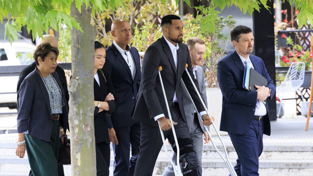 Kyrgios was flanked by family and his partner Costeen at the ACT Magistrates Court. Picture by Keegan Carroll