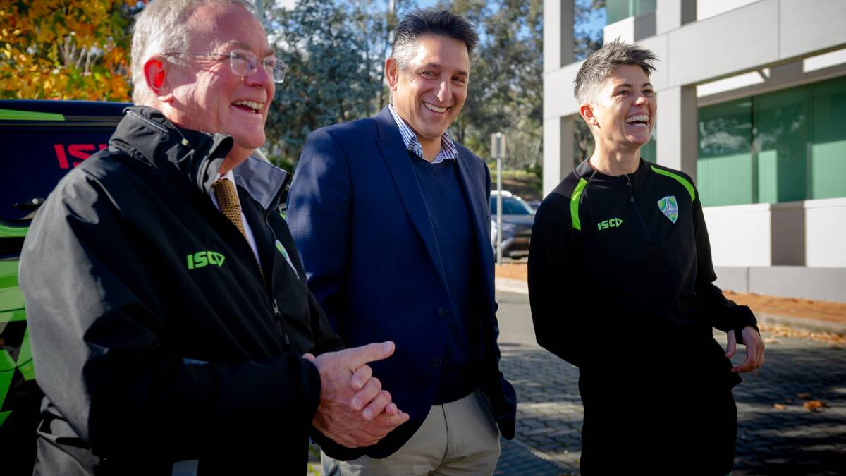 New Canberra United coach Njegosh Popovich (centre) with Canberra United chief executive Chris Gardiner and captain Michelle Heyman. Picture: Elesa Kurtz.