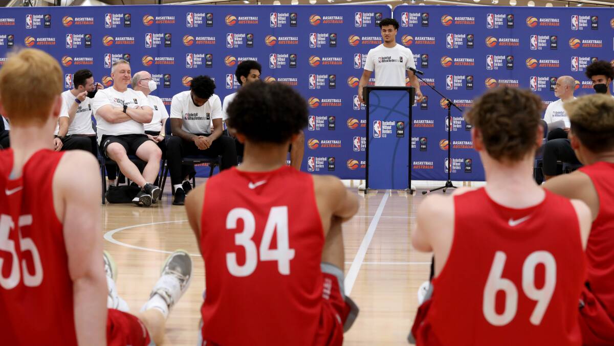 Josh Green speaks to NBA Basketball Without Borders campers. Picture: James Croucher