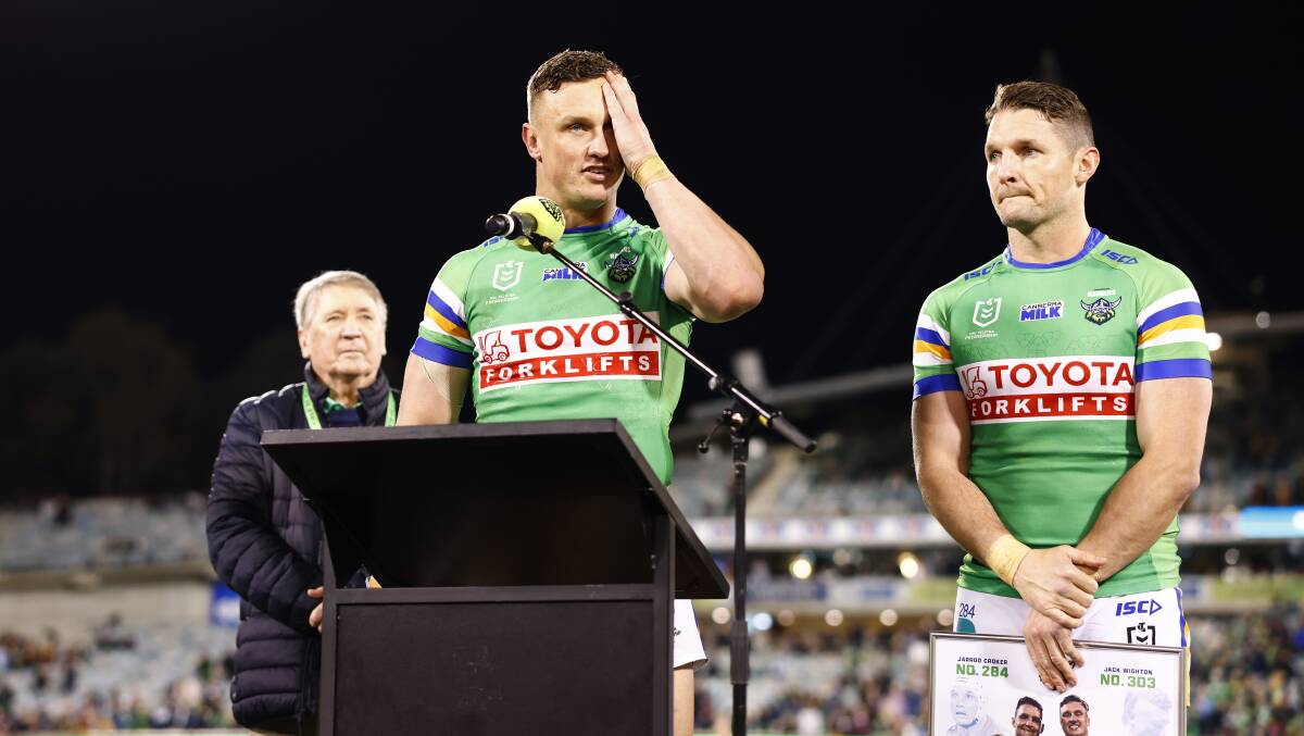 Jack Wighton and Jarrod Croker had their home farewell after the Broncos defeat. Picture by Keegan Carroll