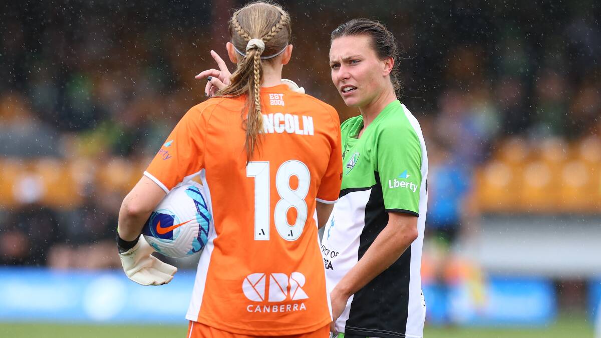 Chloe Lincoln and Allyson Haran of Canberra United chat during the A-League Women's match. Picture: Getty Images