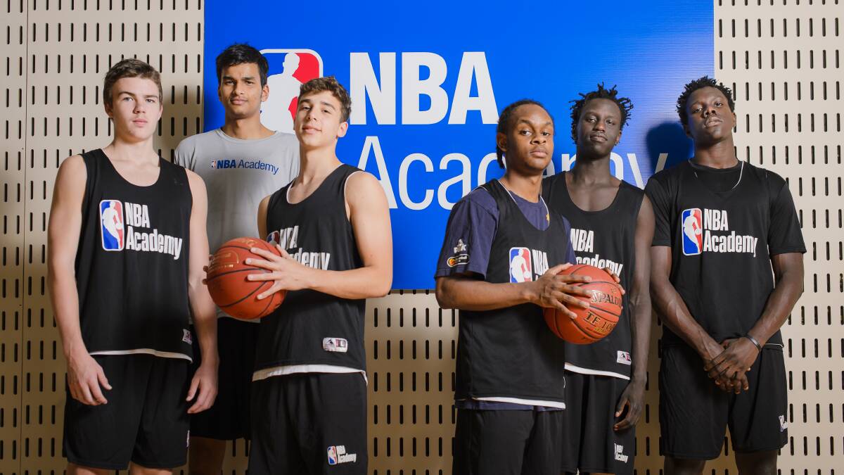 NBA Global Academy players in 2021 - Alexander Ducas, Aashay Verma, Francisco Farabello, Tamuri Wigness, Wani Swaka lo Buluk, and Jonathan Tchamwa. Picture: Sitthixay Ditthavong