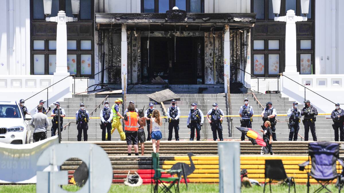 The front doors of Old Parliament House after the fire on December 30, 2021. Picture by Dion Georgopoulos