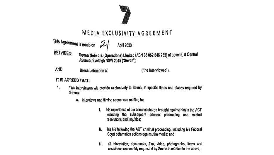 The media exclusivity agreement Bruce Lehrmann signed with Seven Network. Picture supplied