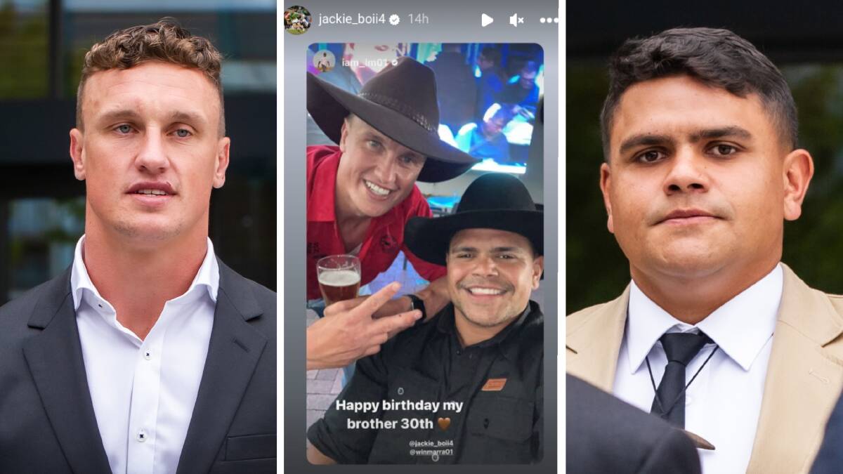 Jack Wighton, left, and Latrell Mitchell, right, were charged over an incident that occurred during birthday celebrations, centre. Pictures by Karleen Minney, Instagram