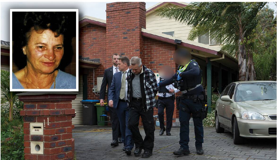 Steve Fabriczy is arrested at his Melbourne home and Irma Palasics, inset, whom he is accused of murdering. Pictures supplied