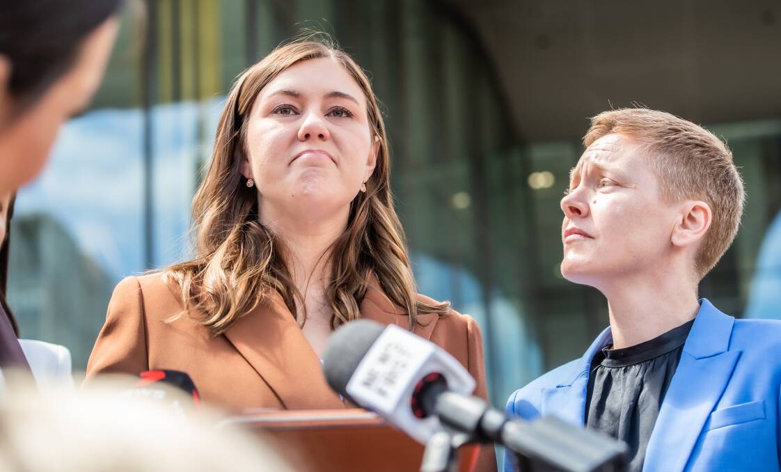 A rape charge against Bruce Lehrmann was dropped last year over concerns for the mental health of Brittanny Higgins, pictured outside court. Picture by Karleen Minney 