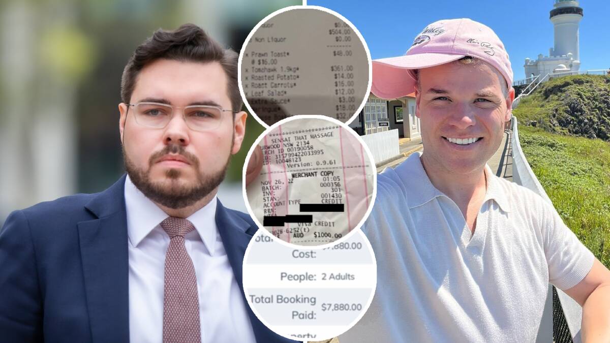 Receipts for accommodation, massages and a dinner Taylor Auerbach, right, claims were all covered by Seven to help court Bruce Lehrmann into an exclusive media deal. Pictures supplied 