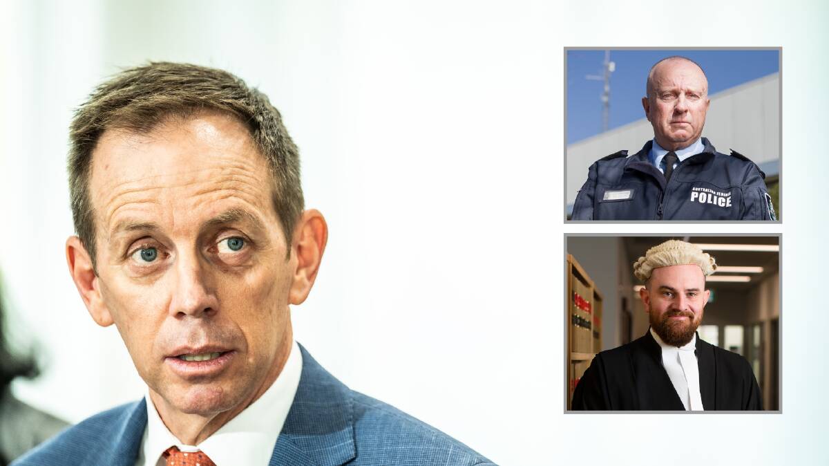 Attorney-General Shane Rattenbury with acting Director of Public Prosecutions Anthony Williamson SC, inset bottom, and Chief Police Officer, Neil Gaughan, inset top. Pictures by Keegan Carroll, Karleen Minney, Sitthixay Ditthavong