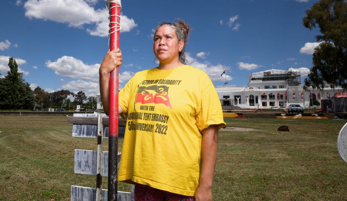 Nioka Coe at the Aboriginal Tent Embassy site. Picture by Sitthixay Ditthavong