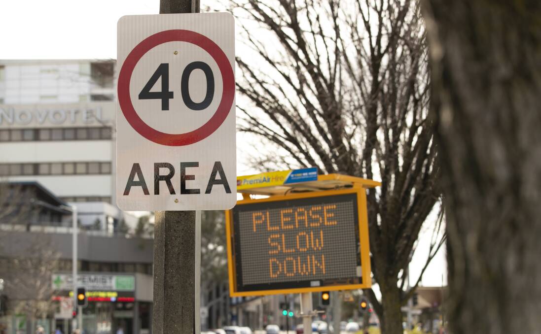 The ACT government used warning signs, pictured in July 2021, to alert motorists to the 40kmh speed zone in Civic. Picture by Elesa Kurtz