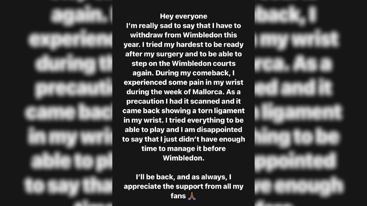 Nick Kyrgios posted the message to his Instagram story.