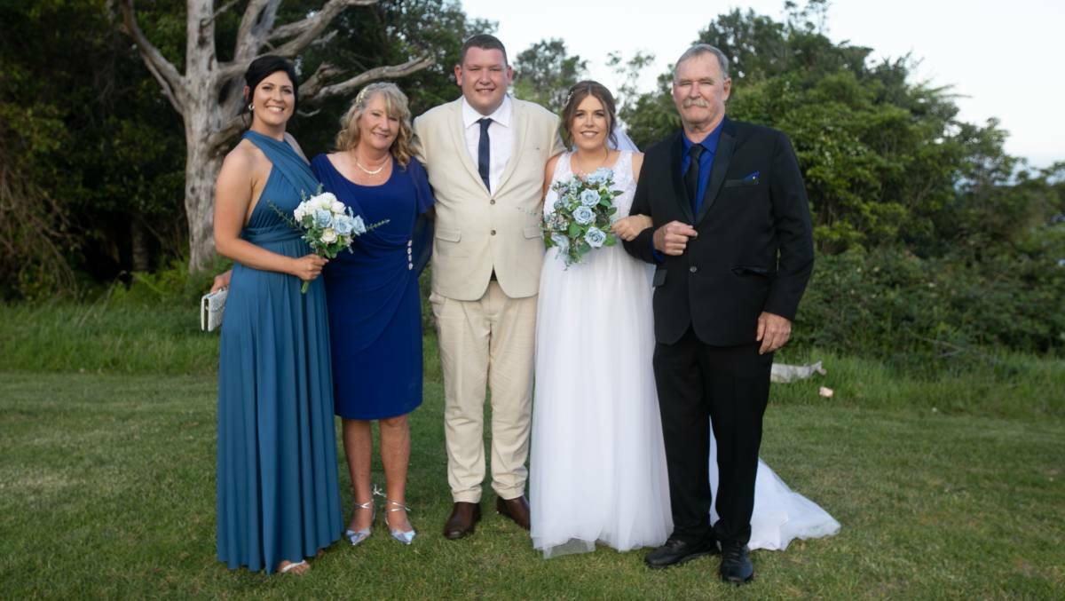Steven Tougher on his wedding day with his wife Madison, sister Jess, and parents Jillian and Jeff. Picture supplied.