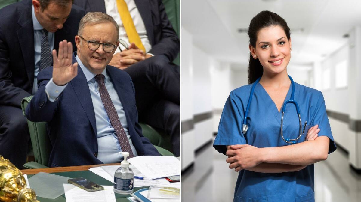 Prime Minister Anthony Albanese's salary will go up to nearly $587,000. The average health care & social assistance sector worker earns $94,000. Picture by Canberra Times/ Gary Ramage and Canva.