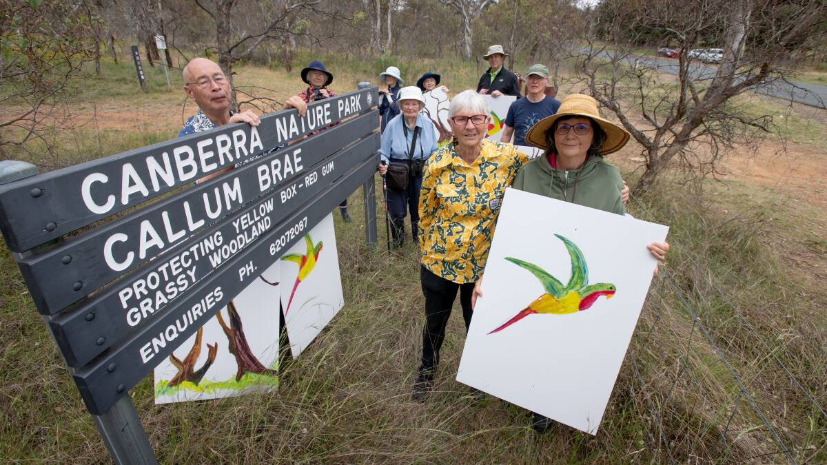 Friends of Callum Brae Nature Reserve, holding up signs of the threatened swift parrot, hope ACAT will order Invocare to do a full environmental impact assessment. Picture by Elesa Kurtz