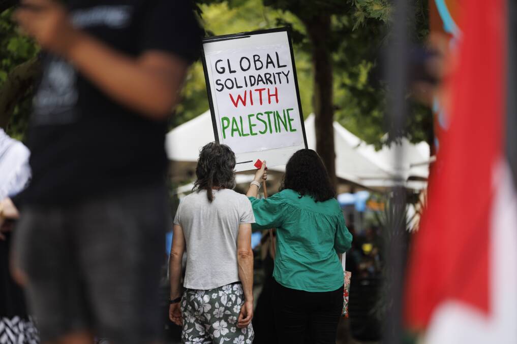 Protesters rallied at Canberra's Garema Place for the "Global Day of Action for Gaza". Picture by Keegan Carroll