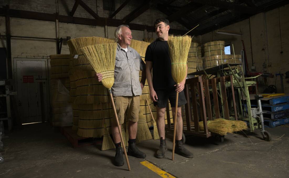 Father and son, Geoff and Andrew Wortes, have been running the broom factory by themselves for the last year. Picture Keegan Carroll