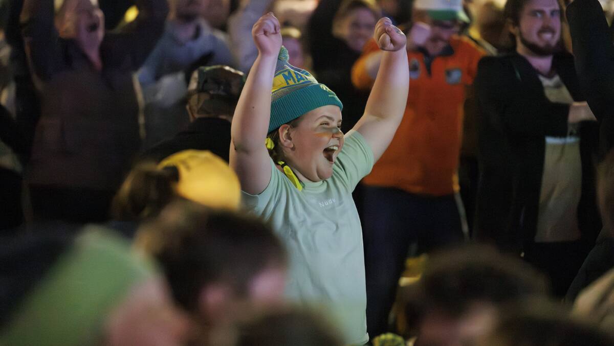 Matildas fans react in Garema Place on Saturday while watching Australia v France in penalty shootouts. Picture by Keegan Carroll 