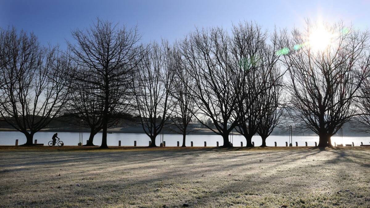 Frost-covered grass near Lake Burley Griffin in Parkes. Picture by James Croucher 