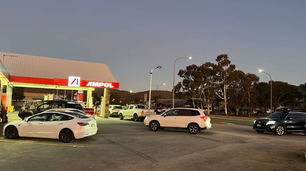 The Ampol service station in Jindabyne with cars backed up waiting to fuel up earlier in the snow season. Picture supplied