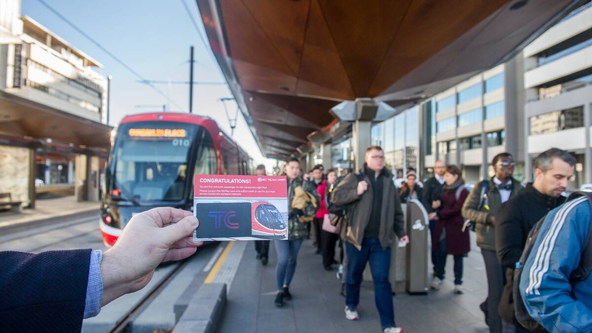 To celebrate a million passengers since its launch, passengers on one light rail service were given MyWay cards with a $20 credit. Picture by Karleen Minney