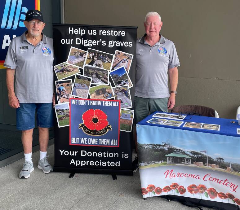 Jon King, treasurer, and Barry Goodwin, secretary, are among the volunteers at the Narooma RSL sub-Branch working on the project to refurbish soldiers' graves that have fallen into disrepair. Picture by Marion Williams